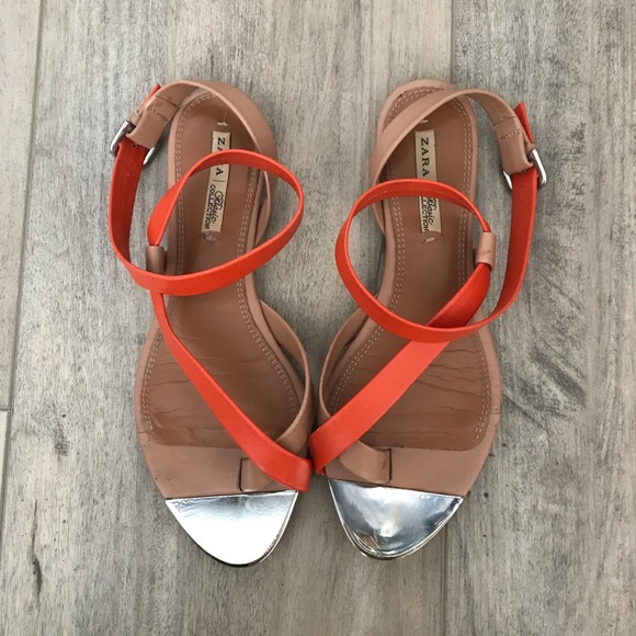 Zara flat sandals- orange/tan- silver tip- size 37 - Picture 5 of 7
